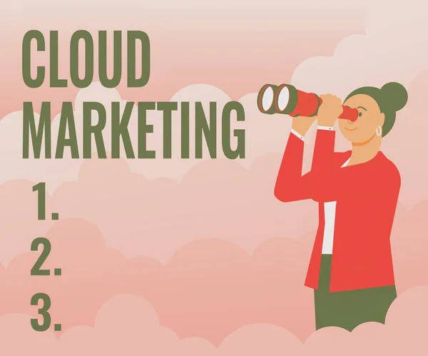 Текст почерку Cloud Marketing. Word Written on The process of a organization to market their services Woman Looking Through Hand Held Telescope Seeing New Opportunities. — стокове фото