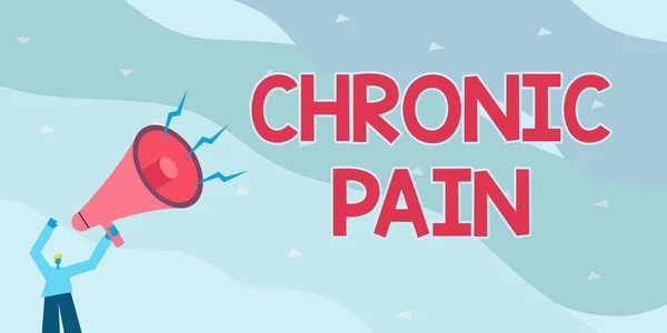 Krónikus fájdalom kijelzése. Word for Pain, amely túlnyúlik a várható gyógyulási időszakon Illusztráció egy férfi mutatva távol tartja a hangszóró, hogy új bejelentést. — Stock Fotó