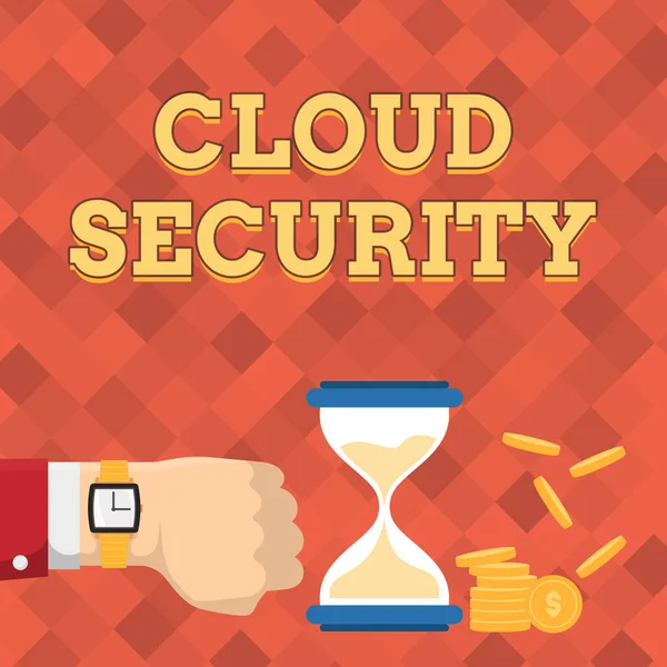 Znak tekstowy pokazujący Cloud Security. Przegląd działalności Ochrona przechowywanych informacji Bezpieczna technologia kontrolowana Biznesmen Korzystanie z zegarka naręcznego Wyświetlanie klepsydry Wskazywanie cennych środków. — Zdjęcie stockowe