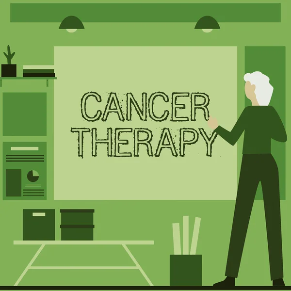 Text caption presenting Cancer Therapy. Concept meaning Treatment of cancer in a patient with surgery Chemotherapy Businesswoman Casual Standing Presenting Charts And New Wonderful Ideas. — Stock Photo, Image