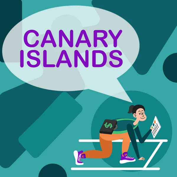 Bildunterschrift: Kanarische Inseln. Konzept für eine Gruppe gebirgiger Inseln im Atlantik Frau trägt Aktentasche, die Zeitungen liest Vorbereitung auf die Investition. — Stockfoto