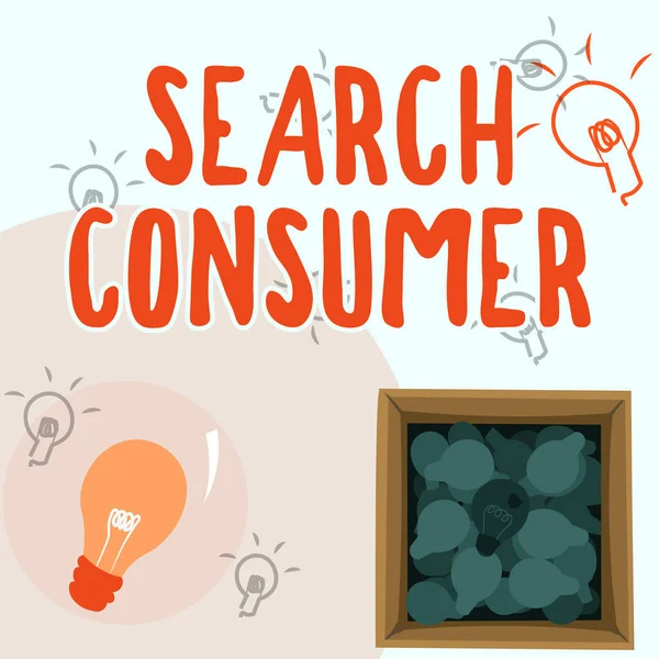 Konceptvisning Sök konsument. Företagsöversikt forskning om konsumenternas preferenser och beteende på en marknad Glödande glödlampa Teckna i rutan Visa färska upptäckter. — Stockfoto