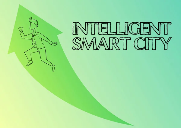 Inspiración mostrando signo Smart City inteligente. Concepto de Internet La ciudad que tiene una infraestructura energética más inteligente Ilustración de feliz hombre de negocios corriendo con flecha consiguió su promoción. —  Fotos de Stock