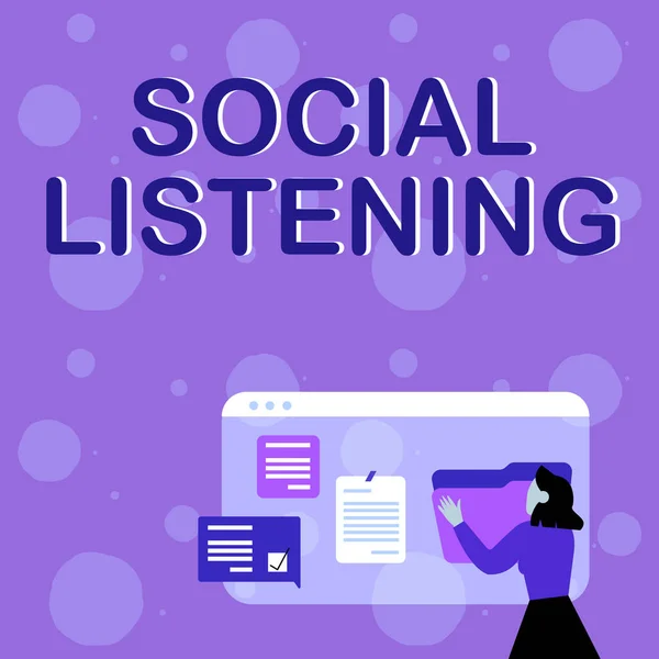 Teksten weergeven Social Listening. Zakelijke aanpak analyseren van de gesprekken en trends van uw product Vrouw Regeling Browser Geschiedenis, Editing Organiseren van Online Bestanden, — Stockfoto