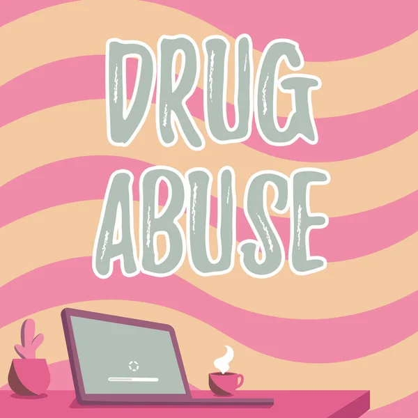 Handstilstext Drogmissbruk. Word Skrivet om Tvångsmässig drogsökning Vanlig användning av illegala droger Office Desk Ritning med Laptop Pen Holder och en öppen och ordnad — Stockfoto