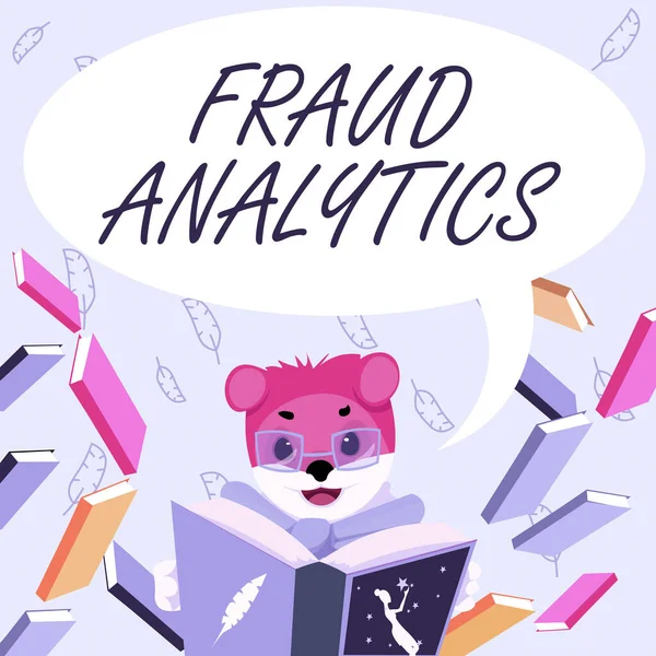 Texte inspirant Fraud Analytics. Identification des idées commerciales de fraude réelle ou prévue Fox avec des lunettes assis à la bibliothèque lecture d'un livre étude. — Photo
