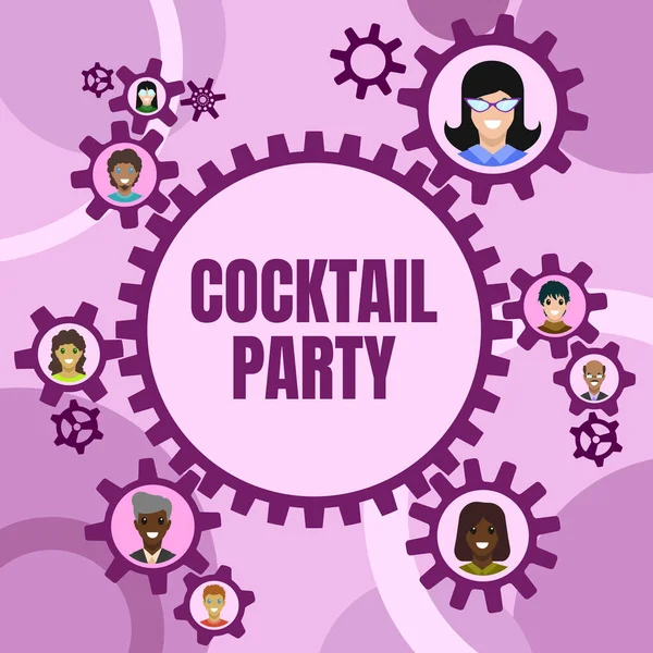 テキストカクテルパーティーを表示する書き込み。チームワークの定義を示す歯車の内側に提示された初期の夕方の同僚で通常アルコール飲料を持つ正式なパーティーのための言葉 — ストック写真