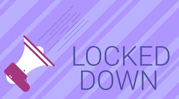 Bildunterschrift: Locked Down. Geschäftsidee Notfallmaßnahme, die verhindert, dass aus einem Sperrgebiet Illustration eines Megaphons macht schnell wichtige Ankündigung. — Stockfoto