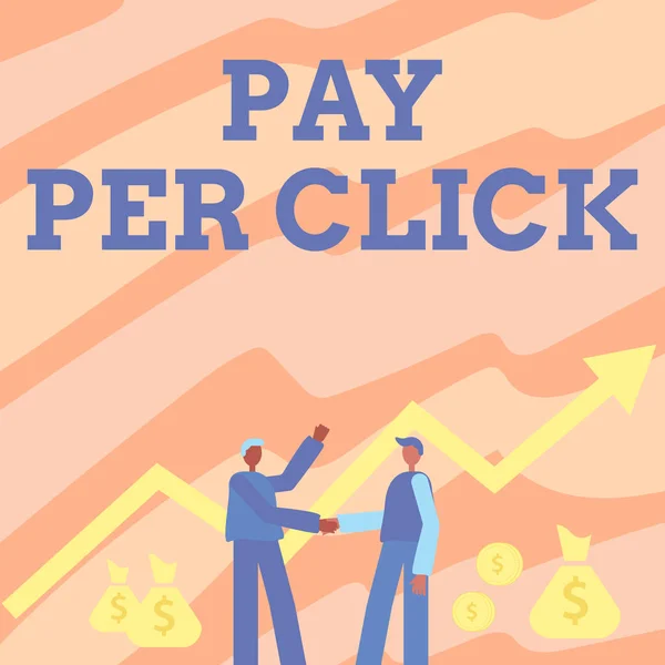 Handwriting text Pay Per Click. Business idea Internet Advertising Model Search Engine marketing Strategy Two Men Standing Shaking Hands With Financial Arrow For Growth And Money Bags. — Stock Photo, Image