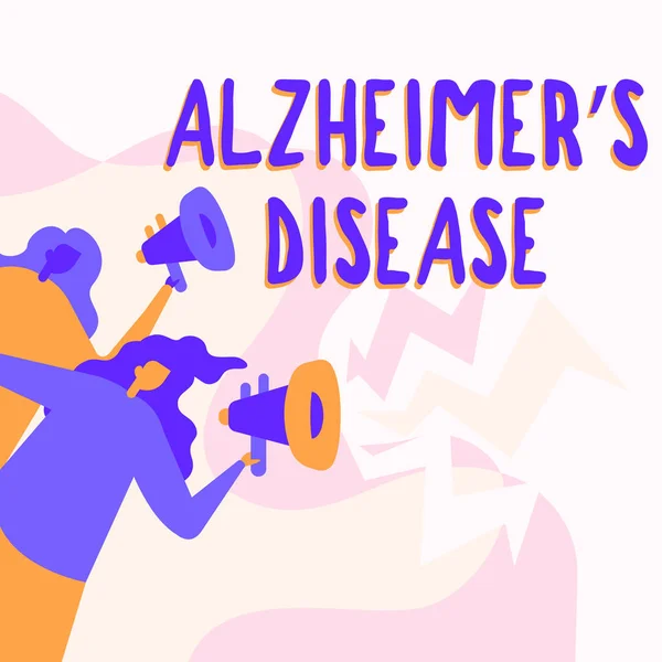 Pojęcie wyświetlania Alzheimer S jest chorobą. Przegląd biznesu Zaawansowane pogorszenie psychiczne, które występują w podeszłym wieku Kobiety Rysunek Holding Megafony Dokonywanie ogłoszenia do publicznej wiadomości. — Zdjęcie stockowe