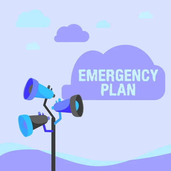 Sign displaying Emergency Plan. Business showcase Procedures for response to major emergencies Be prepared Pole Megaphones Drawing Making Announcement To An Open Space.