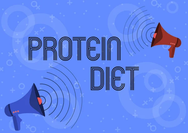 Kavramsal manşet Protein Rejimi. İş konsepti yağ ve karbonhidrat tüketim zayıflama planında düşüktür. Bir çift megafon ses dalgaları üreterek duyuru yapar.. — Stok fotoğraf