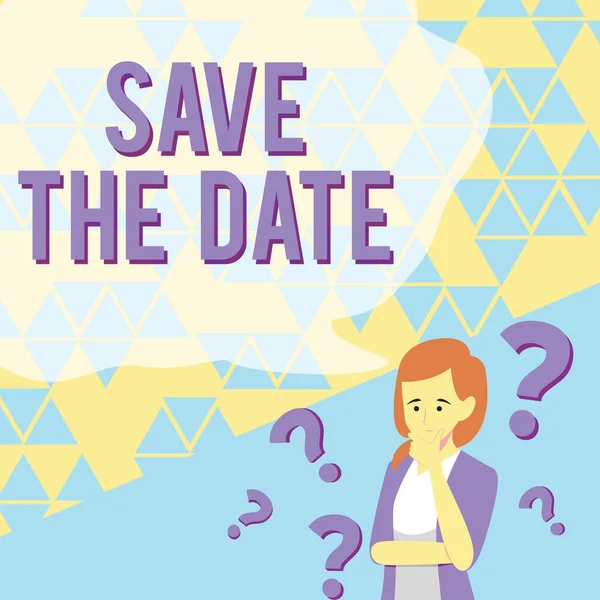 Text caption presenting Save The Date. Word for Systematized events Scheduled activity Recorded Filed Lady Drawing Brainstorming New Solutions Surrounded With Question Marks. — Stock Photo, Image