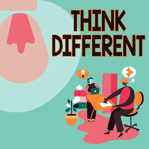 Skriva visa text Tänk annorlunda. Affärsidé vara unik med dina tankar eller attityd Vind av förändring Partners dela nya idéer för kompetensutveckling Arbetsstrategier. — Stockfoto
