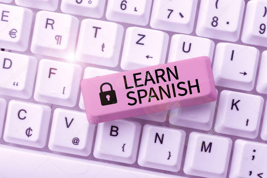 Text sign showing Learn Spanish. Business concept to train writing and speaking the national language of Spain Creating New Programming Guidebook, Typing Program Source Codes