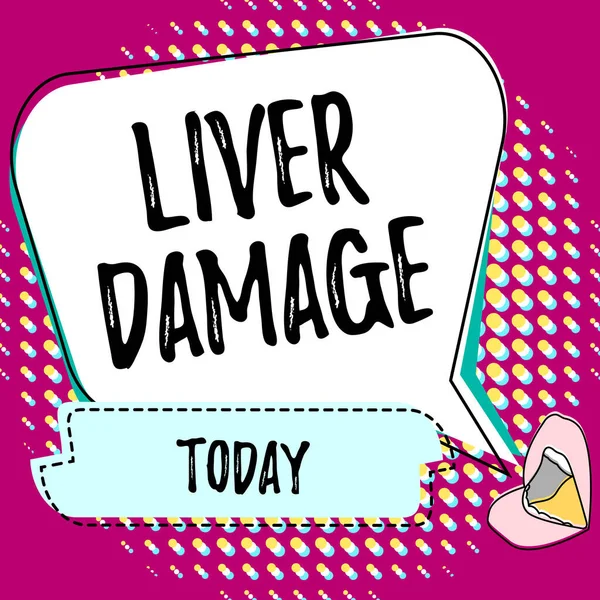Hand writing sign Liver Damage. Business showcase damage to the liver and its function due to alcohol abuse Lips Drawing Sharing Positive Comments Good Reactions Through Bubble. — Stock Photo, Image