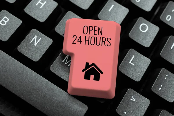 Bildunterschrift: Open 24 Hours. Geschäftsansatz den ganzen Tag und die ganze Nacht verfügbar, ohne Abstract Typist Practicing Speed Typing, Programmer Debugging Codes — Stockfoto