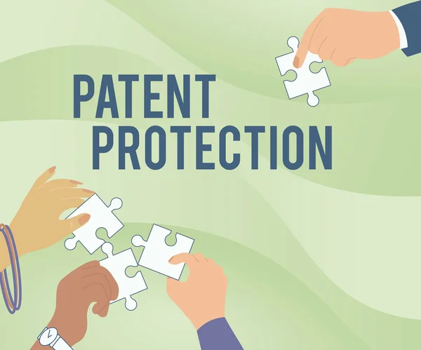 Handwriting text Patent Protection. Business showcase provides a person or legal entity with exclusive rights Illustration Of Hands Holding Jigsaw Puzzle Pieces Helping Each Others.