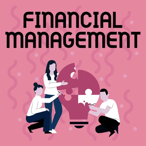 Textschild mit der Aufschrift Financial Management. Geschäftsidee effiziente und effektive Art und Weise, Geld und Mittel zu verwalten Mitarbeiter Zeichnung einander helfen Gebäude Glühbirne Puzzle. — Stockfoto