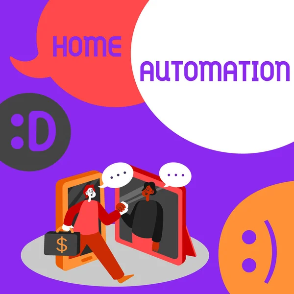 Signe d'écriture Home Automation. Solution Word pour la maison qui permet d'automatiser la majeure partie de la réunion électronique de deux collègues en ligne Discuter d'idées de projets futurs. — Photo