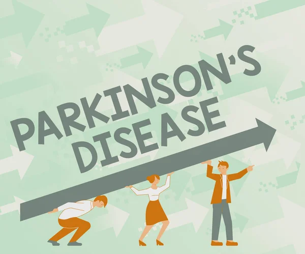Η εννοιολογική λεζάντα Πάρκινσον είναι ασθένεια. Word Γράφτηκε για διαταραχή του νευρικού συστήματος που επηρεάζει την κίνηση Τέσσερις Συνάδελφοι Σχέδιο Στέκεται Κρατώντας Μεγάλο Βέλος Για Επιτυχία. — Φωτογραφία Αρχείου
