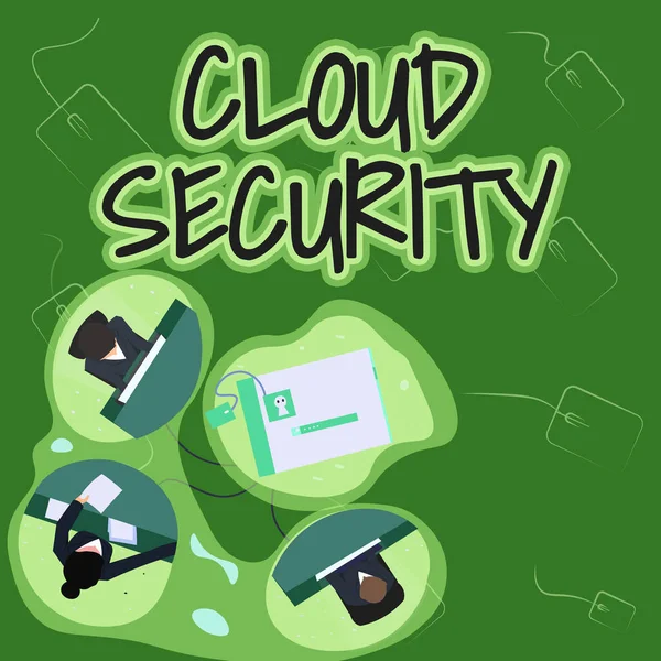 Εννοιολογική απεικόνιση Cloud Security. Έννοια έννοια Προστατέψτε τις αποθηκευμένες πληροφορίες ασφαλή ελεγχόμενη τεχνολογία Συνάδελφοι Έχοντας συνάντηση του Office Sharing Σκέψεις Εμφάνιση Νέου Σχεδίου Έργου. — Φωτογραφία Αρχείου