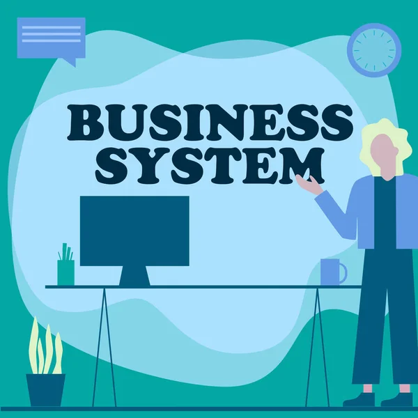 Handwriting text Business System. Business showcase A method of analyzing the information of organizations Woman Standing Office Using Laptop With Speech Bubble Beside Plant Vase. — Stock Photo, Image
