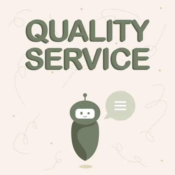 Inspiracja pokazująca znak Quality Service. Podejście biznesowe, jak dobrze świadczona usługa odpowiada oczekiwaniom klientów Cute Floating Robot Telling Us New Wonderful Information In A Chat Cloud. — Zdjęcie stockowe