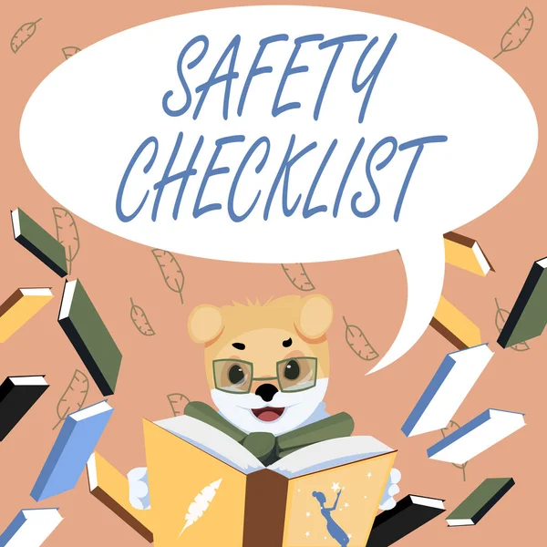 Text sign showing Safety Checklist. Business idea list of items you need to verify, check or inspect Fox With Glasses Sitting In Library Reading A Book Studying.