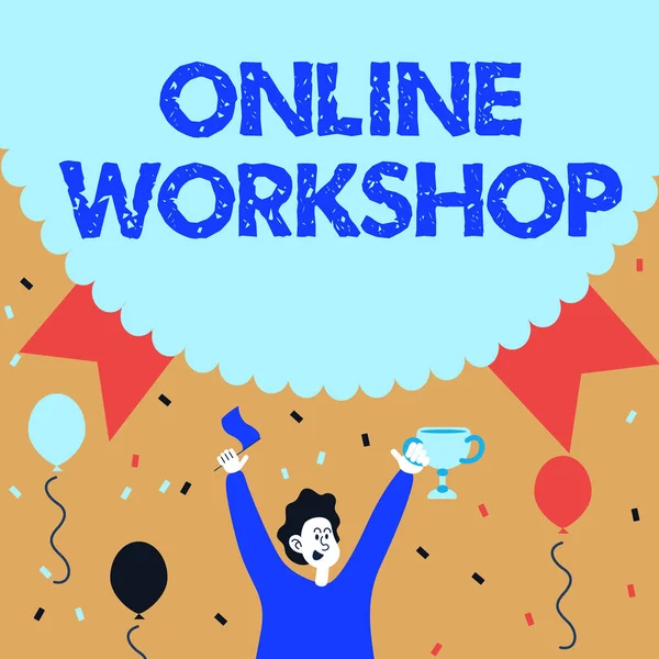 Έμπνευση που δείχνει σημάδι Online Workshop. Επιχειρηματική ιδέα δείχνει τα αγαθά και τα εμπορεύματα πάνω από τις ηλεκτρονικές ιστοσελίδες Man Holding Trophy Celebrating Performance Surrounded με μπαλόνια. — Φωτογραφία Αρχείου