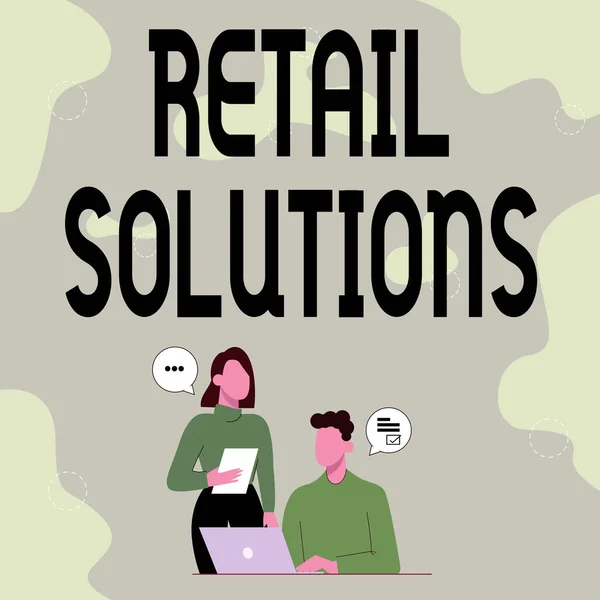 Didascalia di testo che presenta le soluzioni Retail. Processo di promozione di una maggiore vendita e soddisfazione dei clienti Partner Condivisione di nuove idee per il miglioramento delle competenze Strategie di lavoro. — Foto Stock
