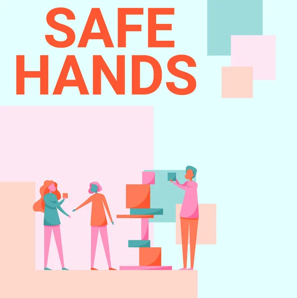 Kézírás szöveg Biztonságos kezek. Üzleti megközelítés Biztosítása a sterilitás és tisztaság a kezek fertőtlenítés Három kolléga álló segítő egymást építési blokkok. — Stock Fotó