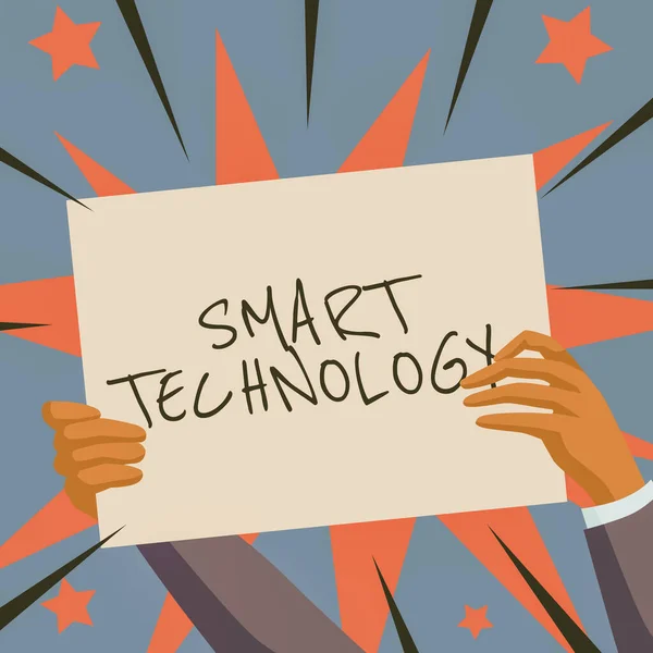 Текст показывает вдохновение Smart Technology. Бизнес-идеи гаджеты или устройство, которое имеет встроенный компьютер или чип Руки держа бумагу, показывая новые идеи, окруженные звездами. — стоковое фото