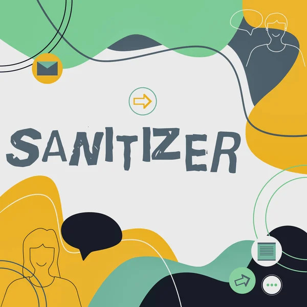 Inspiration visar tecken Sanitizer. Business showcase vätska eller gel används i allmänhet för att minska smittämnen Illustration Par talar i Chat Cloud utbyta meddelanden. — Stockfoto