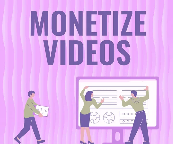 Text zobrazující inspiraci Monetize Videos. Slovo pro proces vydělávání peněz z nahraných videí YouTube Kolegové Kreslení Stojící vedle tabulky Projekční graf — Stock fotografie