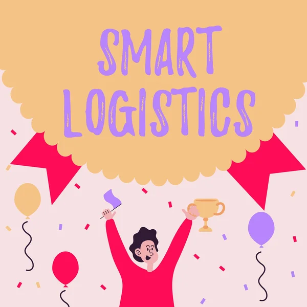 Tekst met bijschrift Smart Logistics. Zakelijke aanpak integratie van intelligente technologie in logistiek systeem Man Holding Trophy Celebrating Performance Omgeven met ballonnen. — Stockfoto