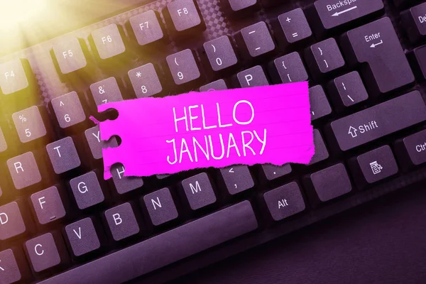 Exhibición conceptual Hola enero. Palabra de saludo utilizada al dar la bienvenida al 1er mes del año Resumen Proceso de registro en línea, Escribir información personal —  Fotos de Stock