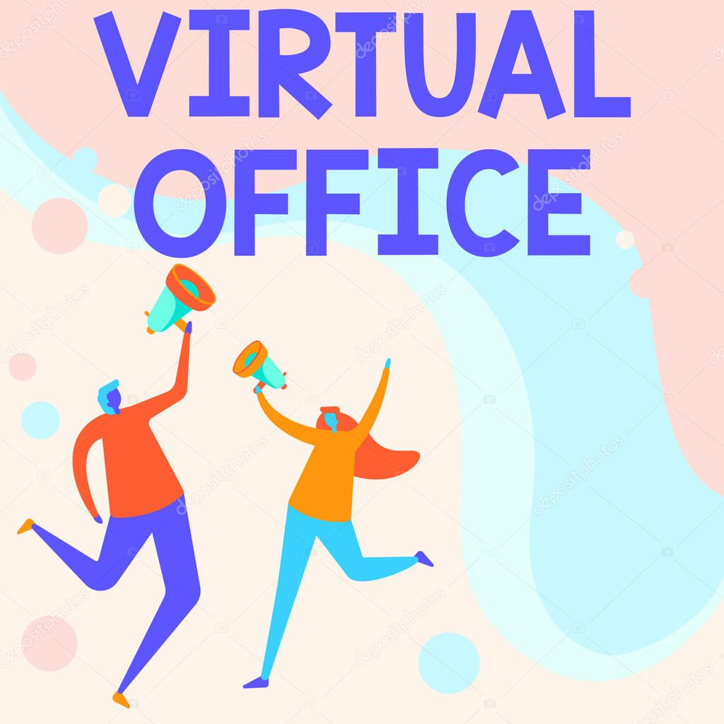 Hand writing sign Virtual Office. Business concept Virtual Office Illustration Of Partners Jumping Around Sharing Thoughts Through Megaphone.