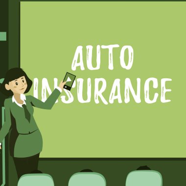 Otomobil Sigortası 'nı göster. Finansal kayıplara karşı koruma sözcüğü. Uzaktan kumandalı kadın arka plandaki en yeni fikirleri sunuyor..