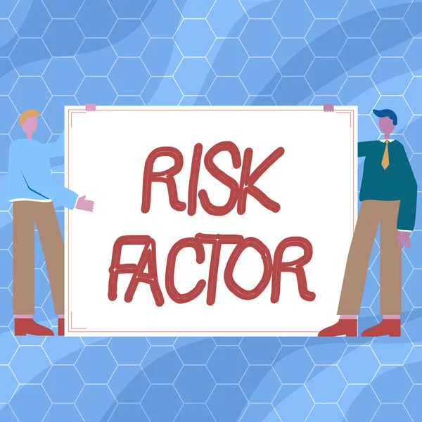 Writing displaying text Risk Factor. Word Written on Characteristic that may increase the percentage of acquiring a disease Two Men Drawing With Empty Paper Background Presenting New Ideas. — Stock Photo, Image