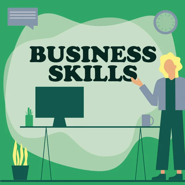 Text som visar inspiration Business Skills. Affärsidé Förmåga att förvärva systematisk ansträngning av jobbfunktioner Kvinnans ständiga kontor Använda bärbar dator med talbubbla bredvid växtvas. — Stockfoto