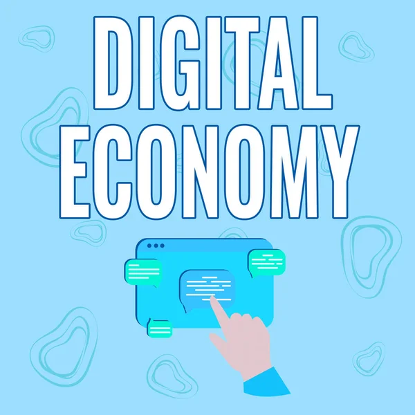 Texto para caligrafia Economia Digital. Conceito significado rede mundial de atividades econômicas e tecnologias mão mostrando gráfico crescimento apontando tela do navegador da Web. — Fotografia de Stock