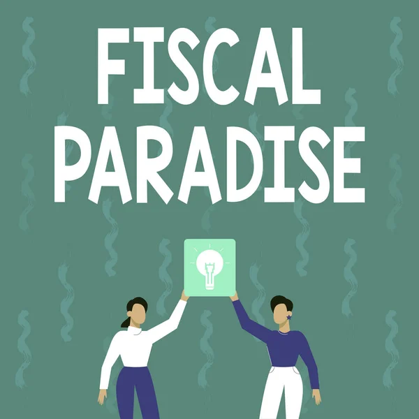 Inspiración mostrando signo de paraíso fiscal. Escaparate de negocios El desperdicio de dinero público es un tema de gran preocupación Dos colegas que sostienen la lámpara presentando nuevos logros alcanzados. — Foto de Stock