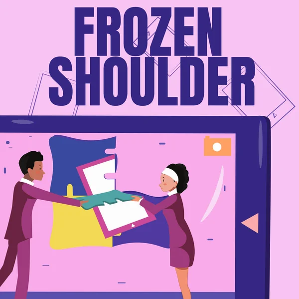 Handwriting text Frozen Shoulder. Internet Concept characterized by stiffness and pain in your shoulder joint Colleagues Building New Project Plans Presenting Latest Ideas. — Stock Photo, Image