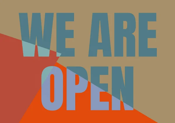 Texto de escritura a mano Estamos abiertos. Concepto de negocio Somos fondos ilustrados de línea abierta con varias formas y colores. — Foto de Stock