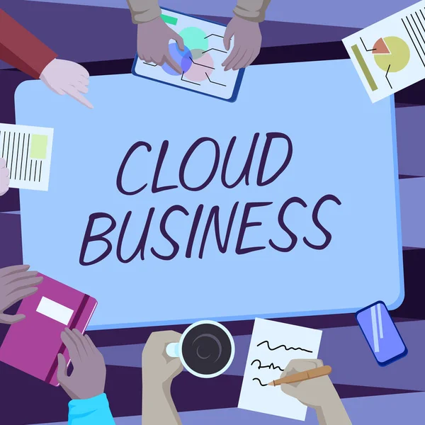 Signo de texto que muestra Cloud Business. Fotocomputación conceptual que se basa en recursos informáticos compartidos Colegas Oficina Reunión Tener café Discusión Proyectos Futuros Gráficos. — Foto de Stock