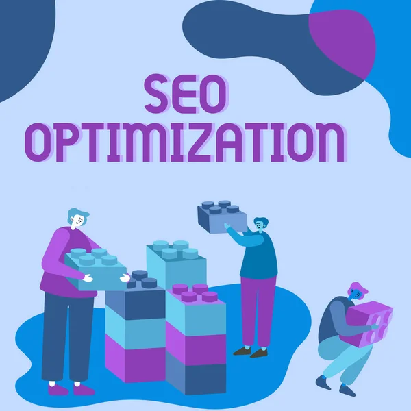 İlham veren Seo Optimizasyonunu gösteren metin. Web sitesi ya da sayfa Görünürlüğünü etkileme sürecinde Küp Temsili Meslektaşları Gelecek Projesini Temsil Etme Hakkında Yazılan Sözcük. — Stok fotoğraf