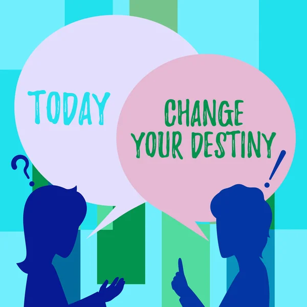 Zeichen mit der Aufschrift Change your Destiny. Unternehmensübersicht Neuformulierung mit dem Ziel, ein anderes zukünftiges Paar zu gründen Zeichnung mit Chat Cloud im Gespräch miteinander Ideen austauschen. — Stockfoto