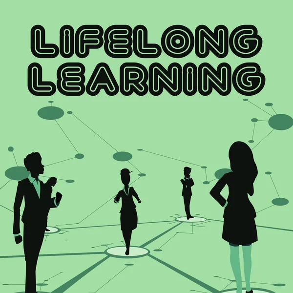 Знак, що відображає навчання протягом усього життя. Бізнес-підхід прагнення до знань з особистих або професійних причин Кілька членів команди Постійні окремі лінії мислення на підлозі . — стокове фото