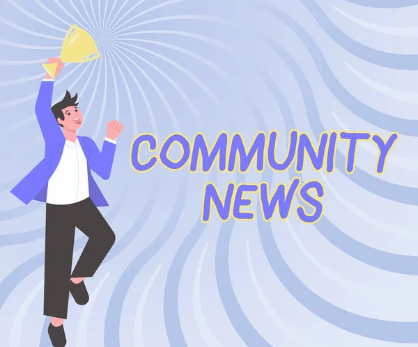 Writing displaying text Community News. Business showcase news coverage that typically focuses on city neighborhoods Gentleman Jumping Excitedly Holding Trophy Showing Accomplishments. — Stock Photo, Image